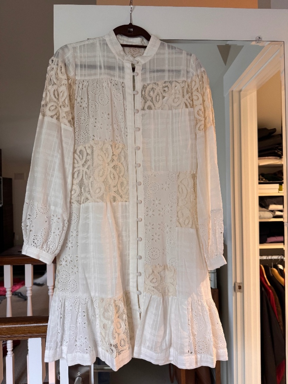 Johnny Was white knee length dress, long sleeves, with white slip, size XS